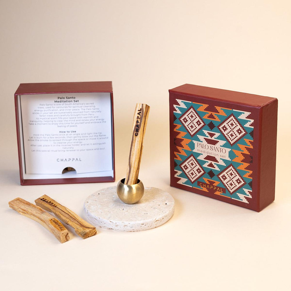 Açılmış Palo Santo meditasyon seti — palo santo çubukları, pirinç tütsülük ve traverten altlık
